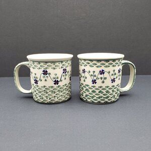 Polish Pottery Sage Floral Mugs Blue Flowers Green Leaves Mugs